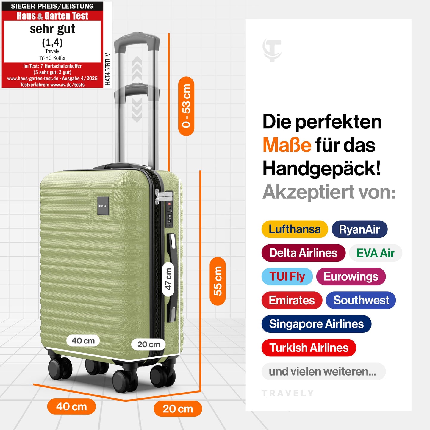 Travely Reisekoffer Handgepäck 55 cm, kompakt & leicht